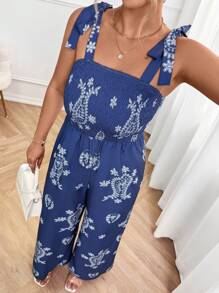 Breezaya 大码女式宽松阔腿连体裤，带口袋 - 藍色 - 查看 5