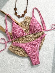 Elavelle Women's Random Print Adjustable Strap Tie-Up Two Pieces Bikini Set, Suitable For Beach Vacation, Summer - Multicolor - View 2