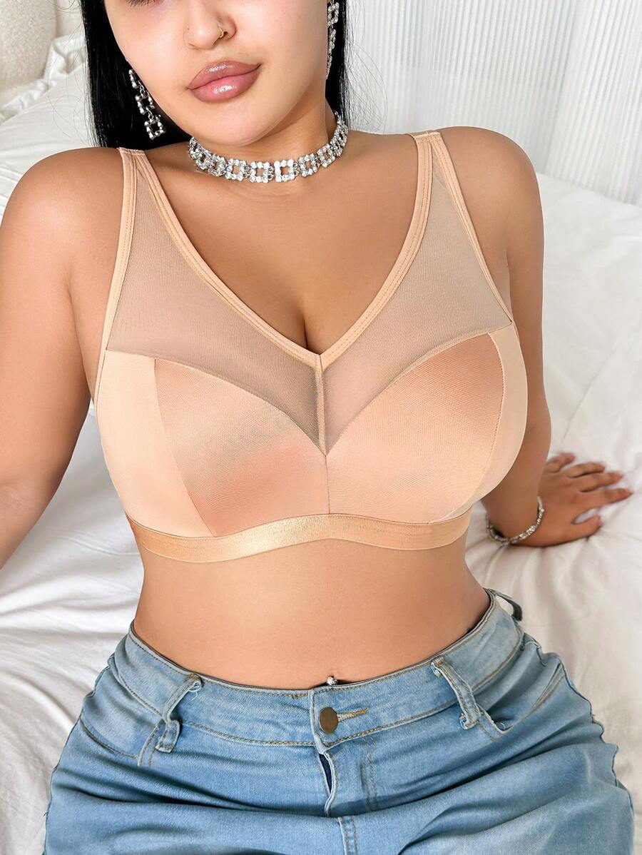 SHEIN Lencería sin aros para curvas en talla grande, minimalista en beige - Caqui - Ver 1
