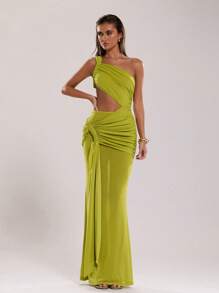 SHEIN BAE 女士性感纯色细肩带镂空超长连衣裙，夏季 - 綠色 - 查看 3