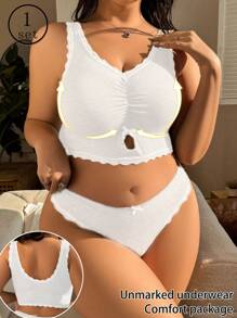 Set de 2 piezas Sujetador inalámbrico y conjunto de bragas con encaje contrastante, talla grande, cómodo