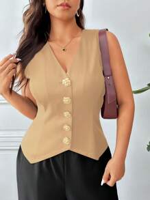 SHEIN Frenchy Plus Size Khaki Woven Fabric V-Neck Sleeveless Top With Decorative Button Casual Blouse - Khaki - View 2