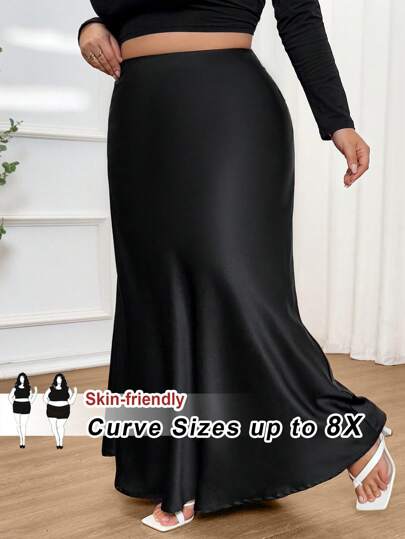 SHEIN CURVE+ Plus Size Women's Elegant Loose Black Midi Skirt, Perfect For Leisure, Afternoon Tea, Gatherings And Dates In Summer Graduation Skirt/ Graduation Skirt For Women/ White Graduation Skirt/ Graduation.