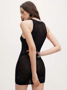 SHEIN LUNE Women's Hollow-Out Mod Urban Stylish Black Sleeveless Knit Mini Dress, Spring/Summer - Black - View 2