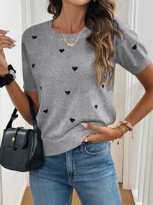 SHEIN Frenchy 女士休闲心形图案短袖针织上衣，春夏 - 灰色 - 查看 3