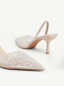 CUCCOO CHICEST Women's Pearly Rhinestone Transparent Jelly Pointed Toe Backless High Heel Pumps, Sexy & Elegant For Christmas - Beige - View 8