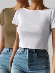 SHEIN Cottnline T-Shirt 2 Multipack Black White Basic Casual Relax Cool Cute - Multicolor - View 2