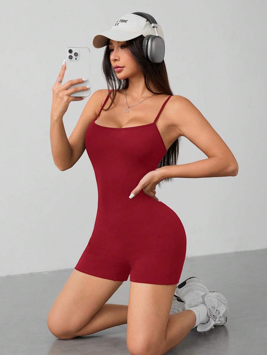 SHEIN PETITE Casual Simple Solid Color Suspender Jumpsuit Suitable For Summer Tight Women's Bodysuit - Burgundy - View 1