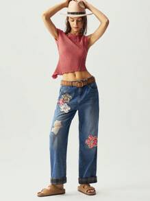 Bohemela BOHO Denim  Casual Solid Color Denim Flower Embroidery Women's Ankle Length Pants Jeans For Women Women Jeans Women Plus Clothing Pants Baggy Jeans Women Women Baggy Jeans