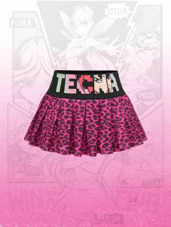 Winx Club X ROMWE Minifalda de contraste con gráfico de letras y estampado de leopardo, de cintura baja, estilo Y2K