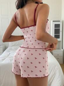DAZY Women Cute Cherry Print Contrast Trim Fitted Cami And Shorts Pajama Set