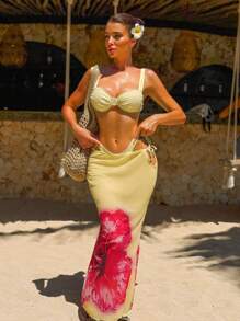 Swim SXY 夏季女士聚拢花卉印花比基尼三件套泳衣，适合海滩度假 - 黃色 - 查看 7