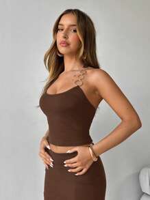 Aloruh Summer Sexy Chain Decor Backless Halter Top,Rave Top