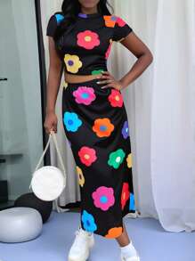 2 件套青少年女孩休闲度假彩色花朵印花圆领短袖短款上衣和修身长款针织裙套装 - 黑色 - 查看 1