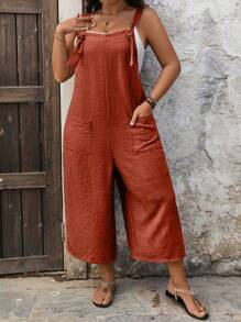 SHEIN LUNE Plus Size Drawstring Pocket Decor Straight Jumpsuit - Redwood - View 3