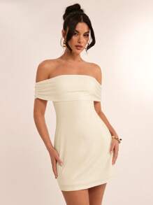 SHEIN BAE 夏季海滩度假纯白色露肩后蝴蝶结迷你连衣裙，适合日常约会、夜间外出、夜总会、派对、聚会、鸡尾酒会、泳池派对、返校季节服装、学校季节连衣裙、节日连衣裙女士连衣裙 - 杏色 - 查看 4