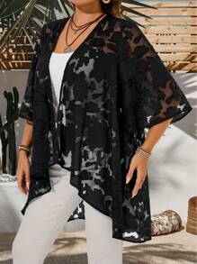 EMERY ROSE 加大码纯色透明不对称下摆优雅外套，适合女性夏季、狂欢、复活节曲线、秋冬乡村音乐会 - 黑色 - 查看 5