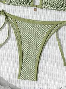 SHEIN Bộ bikini gợi cảm vải kẻ caro buộc dây mới cho nữ, trang phục đi biển mùa hè - màu xanh lá - Xem 7