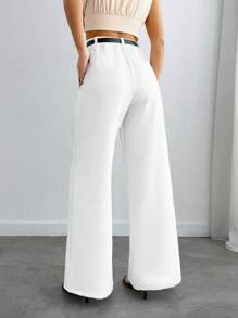 SHEIN Cottnline Elegant Semi-Sheer Suit Pants With Gold Buckle Slim Belt – High-Waisted, Loose Fit, Elastic Back Waistband For Ultimate Comfort - Beige - View 2