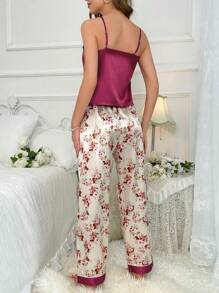 SHEIN Solid Color Camisole & Floral Print Pants Home Pajama Set - Multicolor - View 2