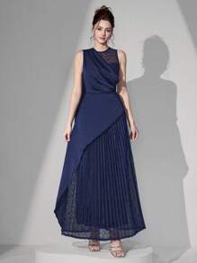 Poshira Vestido de noche elegante de mujer con contraste de tela y encaje en la cintura, vestido de fiesta para invitados de boda - Azul Marino - Ver 7