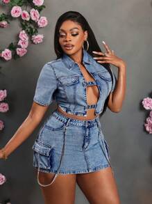 Slaydiva Plus Size Solid Color Hollow-Out Reversible Short Sleeve Denim Jacket, Summer Sexy - Light Wash - View 5