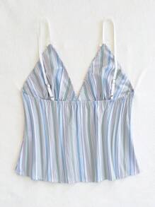SHEIN Unity Striped Bow Design Contrasting Color Deep V Camisole For Vacation - Green - View 2