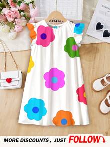SHEIN Young Girl Floral, Casual Simple Flower Pattern Dress With Ruffle Trim, Suitable For Summer - White - View 1