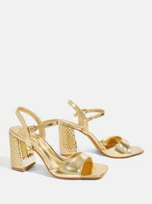 CUCCOO TILAWA Women's Gold Square Toe Thick High Heel Slides, Woven Pattern High Heels Sandals - Gold - View 8