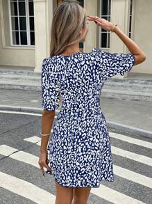 SHEIN Frenchy Women's Leopard Print V-Neck Short Sleeve Casual Mini Dress Summer - Navy Blue - View 2