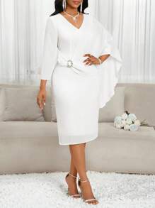 SHEIN Lady Women's Chiffon Brooch Detail Pencil Dress Wedding - White - View 3