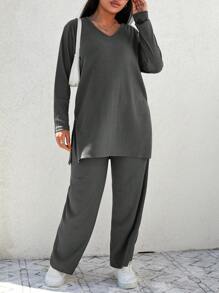 Cloudara Plus V-neck Split Hem Tee & Wide Leg Pants - Dark Grey - View 1