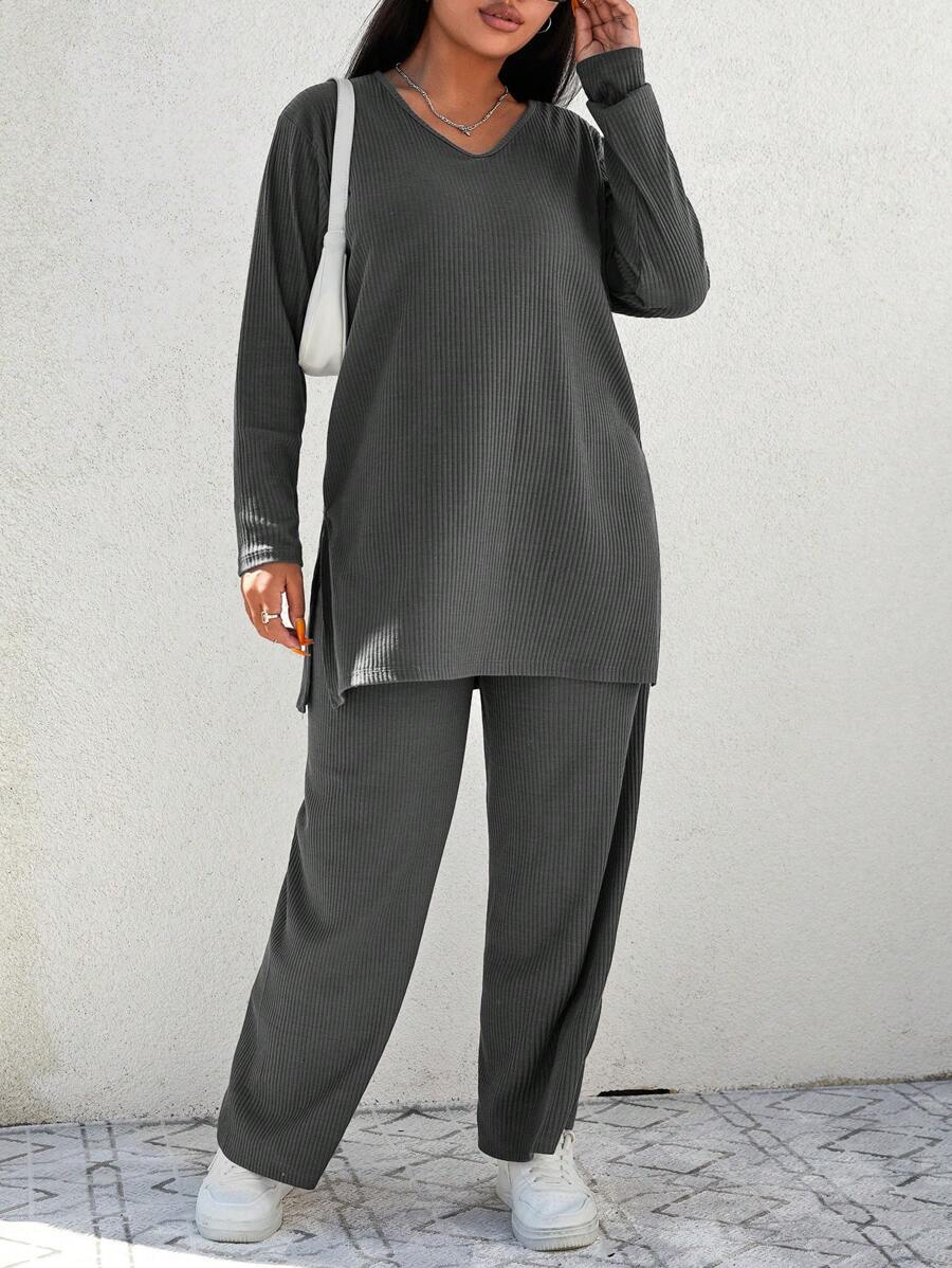 Cloudara Plus V-neck Split Hem Tee & Wide Leg Pants - Dark Grey - View 1