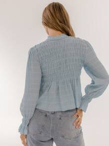 Aralina Boho Chic Shirred Long Sleeve Dobby Blouse - Dusty Blue - View 2