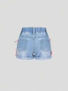 Baby Girls Cute Light Blue Washed Denim Color Bow Ruffled Hem Elastic Waist Casual Versatile Denim Shorts - Light Wash - View 2