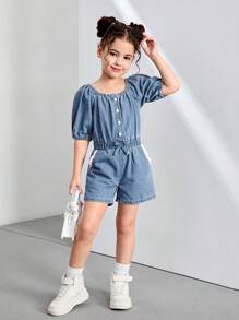 Girls Elastic Waist Casual Denim Jumpsuit With Embroidered Floral Trim, Comfortable & Fashionable For Summer Vacation