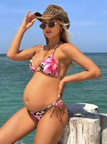 SHEIN Pregnant Women's Leopard & Floral Pattern Vacation Bikini Swimsuit For Summer - Multicolor - View 3