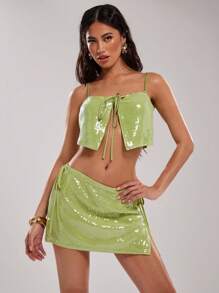 SHEIN BAE Spring Beach Resort Sequins Strap Cropped Women Tank Top - Green - View 6