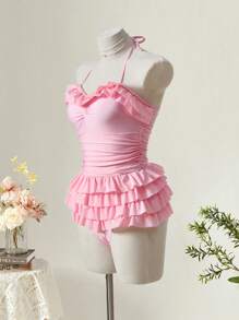 SHEIN MOD 1 件女士多色荷叶边连体泳衣，浪漫风格