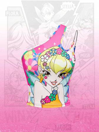 Winx Club X ROMWE Blusa asimétrica para mujer con detalles de cadena metálica hueca y cuello sexy