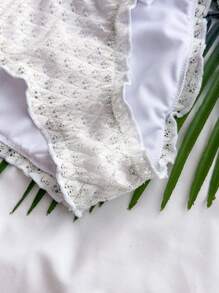 SHEIN Teen Girls White Knit Jacquard Ruffle Edge Cute Swimwear Set, Bow Accent Tankini Set, Beach Resort - White - View 4