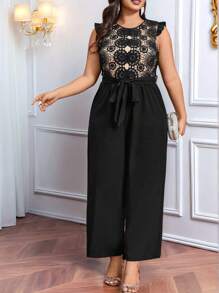 SHEIN Belle Bộ đồ liền thân ren chắp vá vải trơn màu cổ tròn tay lửng thanh lịch - màu đen - Xem 3