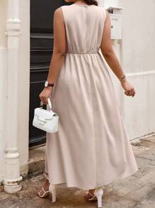 Cravure 加大码纯色圆领褶皱休闲夏季长款女装 - 粉色 - 查看 2