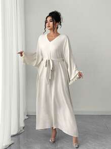 Elenzga Plus Size Elegant Minimalist Fringe Detail Loose Casual Dress - Apricot - View 4