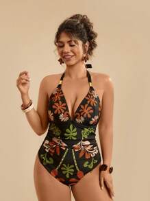 Travachic Plus Size Casual Summer Tropical Beach Black Geometric Floral Print V-Neck Halter One-Piece Swimsuit For Women