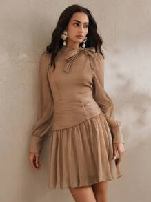 Anewsta Elegant Slimming Waist Vintage French Palace Style Minimalist A-Line Short Dress, Spring/Summer Outfit For Women - Coffee Brown - View 5