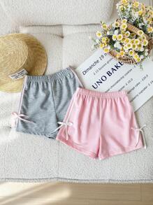 2pcs/Set Babygirl Cute Knitted Bow Decor Shorts, Versatile For Summer - Multicolor - View 1