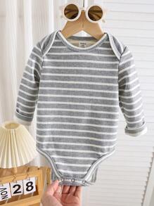 SHEIN Newborn Baby Gray Fleece Ribbed & Ribbed Bodysuit, Soft & Warm All-In-One Outfit For Boys & Girls, Casual Wear For Indoor & Outdoor - Grey - View 6