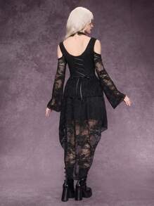 ROMWE Summer Clothes  Graduation Dress Gothic Style Embroidered Floral Lace Button & Ruffle Trim Black Midi Dress For Women - Black - View 5