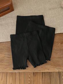 SHEIN Leap Crew 3pcs Set Young Girl Solid Color Fitted Casual Leggings - Black - View 1